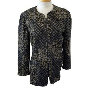 Vintage Gold Black Evening Jacket Floral Blazer Zip Pockets Puff Sleeves Size Me